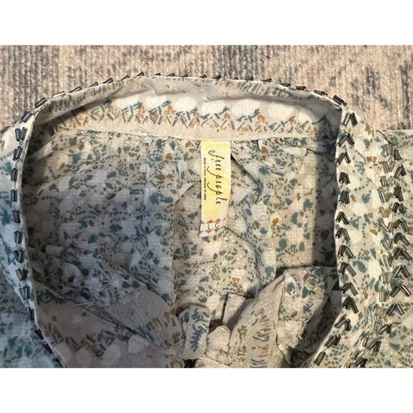 Free People If I Had You Printed Beaded Long Sleeve Sheer Peasant Blouse Large - Picture 4 of 11